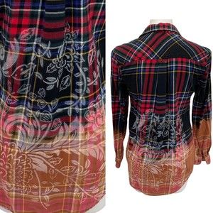 Maurices Womens Plaid Button Up Size Small Upcycled Bleach Ombre Stencil Collar